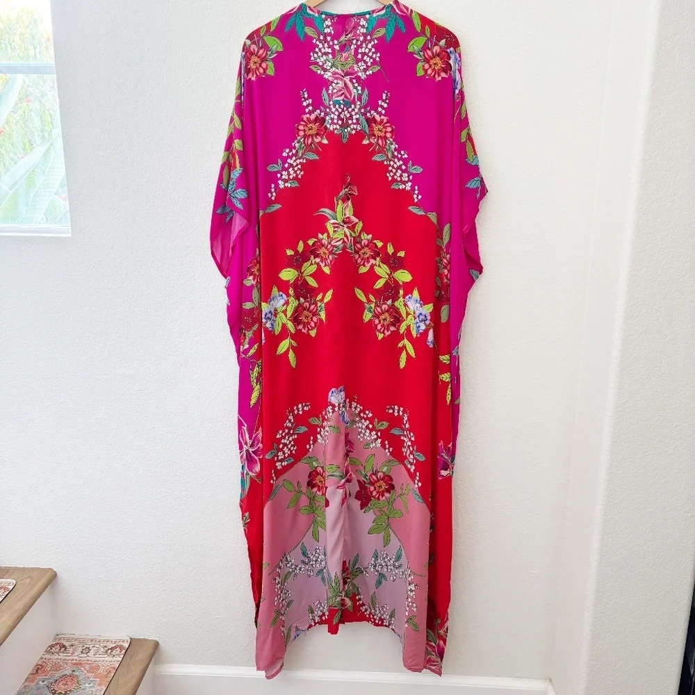 Johnny Was Nanya V-Neck Oversized Floral Print Maxi Kaftan in Red Blush Sz L/XL - Picture 7 of 12